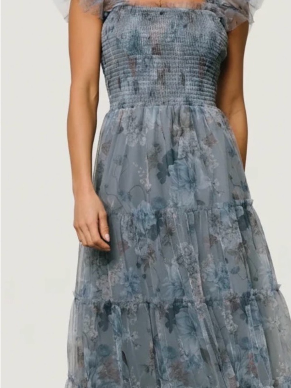 Baltic Born Dusty Blue Floral Smocked Tiered Maxi Dress